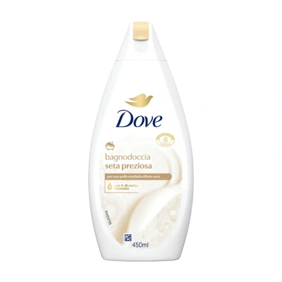 Immagine di Dove Bagnodoccia Seta Preziosa, Formula con Idratante Dermo Naturale, 1/4 di Crema Idratante, Dermatologicamente Testato, Bagnoschiuma Uomo e Donna, 100% Bottiglia Riciclata* 450 ml
