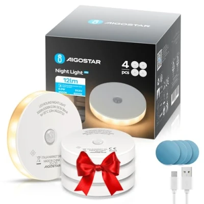 Immagine di Aigostar 4 Pezzi Luce Notturna LED con Sensore di Movimento, Luci Notturne 2 Temperature Colore, Armadio USB Ricaricabile Striscia Magnetica Adesiva per Camere, Corridoio, Cucina