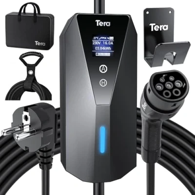 Immagine di Tera Caricatore EV portatile tipo 2 con cavo di ricarica da 7 m 3 kW 16 A Schuko corrente regolabile display LCD chiaro IP66 impermeabile per cavi P02 Nero