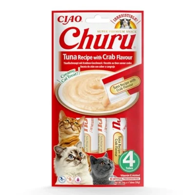 Immagine di INABA Churu Snack per Gatti Cremoso con Tonno al Gusto di Granchio 1 Pack (4 Stick x 14gr) Cibo da Leccare, Sano e Delizioso Gatto Senza Conservanti o Coloranti Artificiali