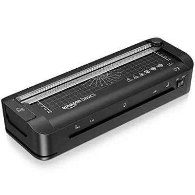 Immagine di Amazon Basics Plastificatrice termica 3 in 1, formato A4, con funzioni di rifinitura, perforazione e smussamento degli angoli, 10 pouches incluse, spina del EU, Nero