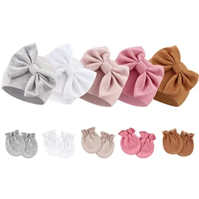 Immagine di DRESHOW Guanti Neonato Cappellini Neonata Cotone 5 Paia per Neonati e Pezzi Berretti Neonati, Ragazzi, Ragazze, 0 6 Mesi