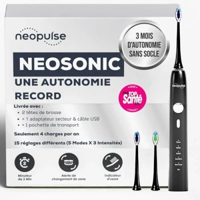 Immagine di NEOPULSE® Spazzolino da denti elettrico sonico nero NEOSONIC® Ricaricabile 3 mesi di batteria 15 impostazioni Timer 2 spazzole: 1 morbida e ultra (nera) marca francese