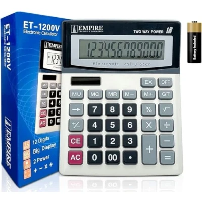 Immagine di Empire Calcolatrice Da Scrivania Con Pulsanti Grandi A 12 Cifre, Grande Display Angolato, Solare e Alimentato Batteria per Casa Ufficio (Batteria Inclusa)