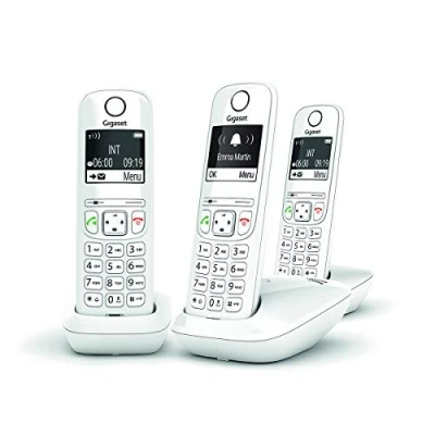 Immagine di Gigaset AS690 Trio Telefono fisso wireless, 3 combinati con ampio display retroilluminato per un ultra leggibile, funzione blocco chiamate bianco [versione francese]