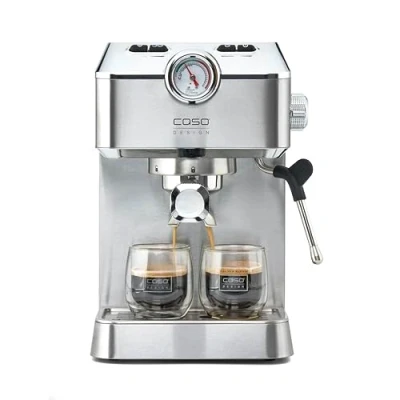 Immagine di Caso Espresso Gourmet Macchina portafiltro in acciaio inox, potente pompa Ulka da 19 bar, con montalatte, per caffè o cialde di ESE, 2 tazze, piastra riscaldante