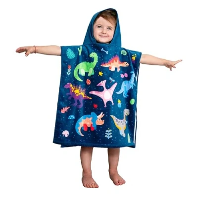 Immagine di Theonoi Poncho da bagno per bambini, con cappuccio/accappatoio, asciugamano doccia, telo bagno, cappuccio, ragazzi e ragazze, 100% cotone (dinosauri)