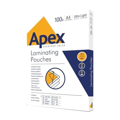 Immagine di Fellowes Apex A4 Pouches per la plastificazione, finitura lucida, 100 fogli Super Flex Ideali documenti e foto
