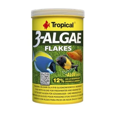 Immagine di Tropical 3 Algae Flakes 1000ml / 200g Mangime Universale per Pesci d&#039;Acqua Dolce e marini, in Scaglie