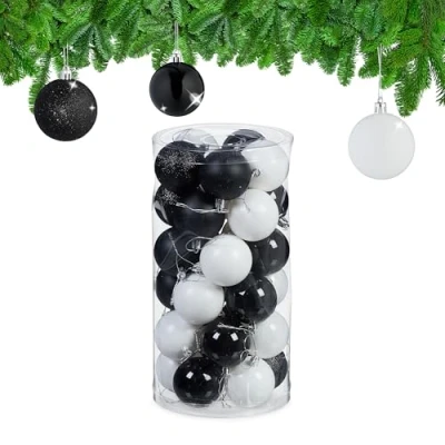 Immagine di Relaxdays Palline di Natale, Set da 30 Palle Albero, Addobbi Natalizi, D: 6 cm, in Plastica Infrangibile, Nero Bianco