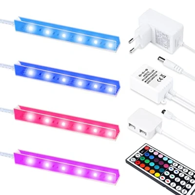 Immagine di Set di 4 luci per pavimenti in vetro, LED, armadietto a clip trasparente invisibile, illuminazione vetrina, bordi funzione cambio colore RGB, 20 colori che cambiano