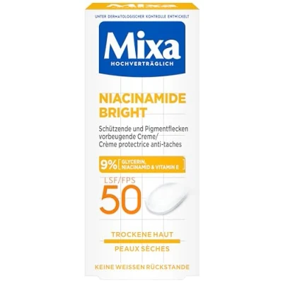 Immagine di Mixa niacinamide Bright SPF 50 macchie di pigmento protettivo crema preventiva con glicerina al 9%, e vitamina fattore protezione solare, ml