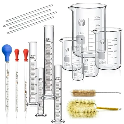 Immagine di Set di Bicchieri Cilindrici Graduati Pipette in Vetro, JESSTOLO 5 Graduato Misurazione Becher, 4 Cilindro Graduato, 3 Vetro Pipette, Aste Agitazione e 2 Spazzolini Pulizia