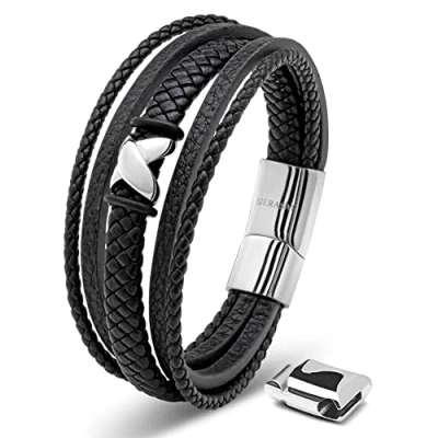 Immagine di SERASAR Bracciale Argento Uomo 17cm Braccialetto Pelle Cuoio Aggiustabile Regolabile Magnetico Inox Bracciali Braccialetti Perline Bigiotteria Cinturino Braciale Bracelet Corda