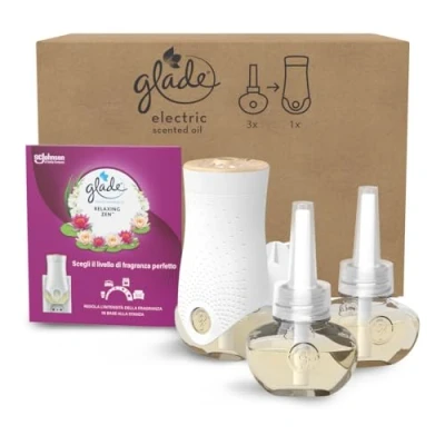 Immagine di Glade liquido elettrico Profumatore per Ambienti con Olii Essenziali, Fragranza Relaxing Zen, 1 Diffusore e 3 Ricariche