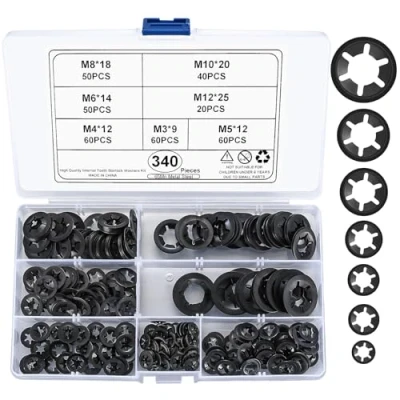Immagine di 340 Pz Rondelle di Bloccaggio Sicurezza Denti Interno, Starlock Lock Rondelle, Speed Clip kit Fissaggio Dgancio Rapido Assortimento M3/M4/M5/M6/M8/M10/M12, Nero