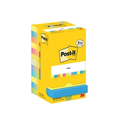 Immagine di Post it Foglietti, Collezione Energetic, Confezione da 8 blocchetti + 4 Gratis, 76 mm x mm, Colori Giallo, Azzurro, Rosa, Verde Foglietti Adesivi per Appunti, Elenchi &amp; Promemoria