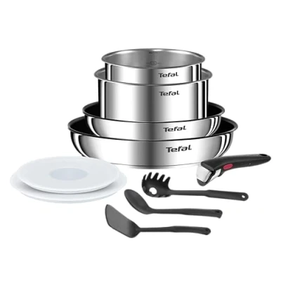 Immagine di Tefal Ingenio Set di pentole da cucina, 10 pezzi, casseruole, coperchi ermetici, manico rimovibile, induzione, acciaio inossidabile, impilabile, antiaderente, lavabile in lavastoviglie, Emotion