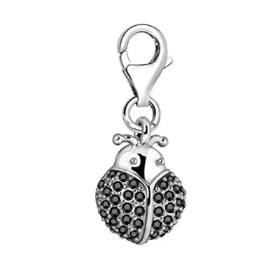 Immagine di Quiges Donna Charm Ciondolo Placcato Argento Coccinella con Cristalli Neri per Bracciali e Accessori