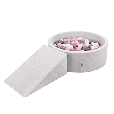 Immagine di KiddyMoon Area di Gioco in Schiuma con Tondo Piscina Palline (200 Palline) per Bambini, Grigioch:Bianco/Grigio/Rosa Chiaro