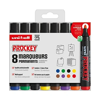 Immagine di Uni ball Prockey Mitsubishi Pencil Pennarello permanente Inodore PM122 Multisupporto, Base Acqua, Senza Odore Punta Conica Media 1,2 1,8 mm Confezione Zero Plastica, da 8 colori