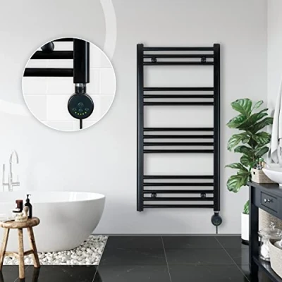 Immagine di anapont Scaldasalviette elettrico da bagno 1000 h x 500 b, nero con termostato regolazione della temperatura ambiente funzione timer Riscaldamento Made in Germany