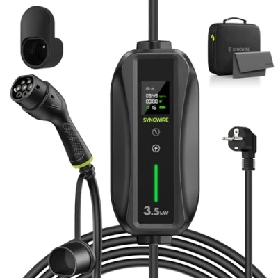 Immagine di SYNCWIRE EV Caricatore Tipo 2 Cavo di Ricarica 5,5m, 6/8/10/13/16A Corrente Elettrica Regolabile con Display LCD, Box Impermeabile IP65, Supporto Cavo, Sacca Stoccaggio