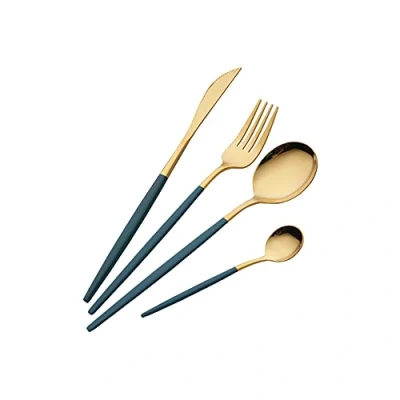 Immagine di OUQIWEN Set di posate da 16 pezzi,set verde e oro,set in acciaio inossidabile,servizio per 4,Compreso forchetta/cucchiaio/coltello/cucchiaino (Oro Verde)