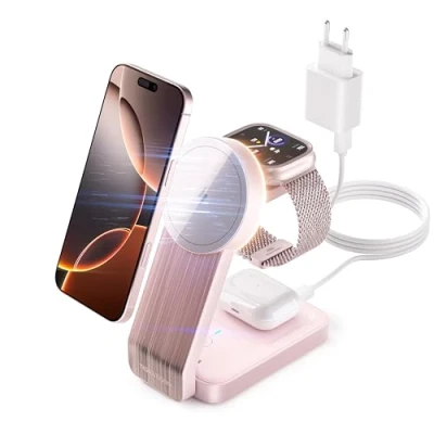 Immagine di tigratigro Mag safe Caricatore Wireless, Pieghevole 3 in 1 Stazione di Ricarica Compatibile con iPhone 12/13/14/15 Serie, Airpods 2/3/Pro, Apple Watch (Rosa)