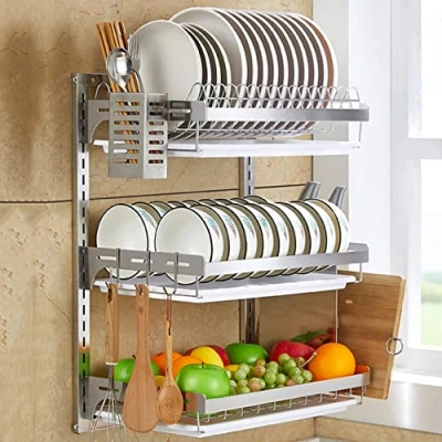 Immagine di portaposate scolapiatti da cucina a parete, in acciaio inox con ganci, ripiano portaoggetti organizer per piatti 3 livelli, salvaspazio tazza/cucchiaio/forchetta