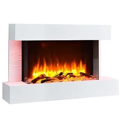 Immagine di BALDERIA camino elettrico Aidan Caminetto da parete con effetto fiamma 3D Riscaldamento 2000 W Focolare sospeso a telecomando, timer, termostato Bianco