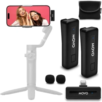 Immagine di Movo Wireless Mini DI DUO Microfono Lavalier Ultracompatto Dual per iPhone con 2 Microfoni Clip, Batteria 10HR, Portata 164ft, Connettore Lightning