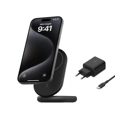 Immagine di Belkin BoostCharge Caricabatteria MagSafe wireless magnetico e pieghevole da 15 W, caricatore rapido per dispositivi Qi2, iPhone 15, 14 13, compatibile con StandBy, alimentatore incluso, nero