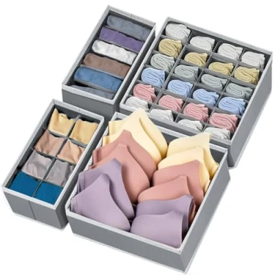 Immagine di SURLIFE Organizer Cassetti Armadio, Set di 4 Organizzatori per Biancheria Intima Pieghevole, Divisori Salvaspazio, Reggiseni, Mutande, Calzini, Cintura, Cravatta (GRIGIO CHIARO)