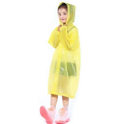 Immagine di Impermeabile Pioggia Poncho con Cappuccio per Bambini, Eva Giacche Cappotto da Ragazzi Ragazze, Riutilizzabile Mantella Antipioggia All&#039;aperto Viaggio Escursionismo Campeggio (Giallo)