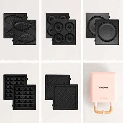 Immagine di CREATE/STONE 2 IN 1 + 5 piastre rosa/sandwich con intercambiabili sandwich grill, waffle, taiyaki, pancake e ciambelle