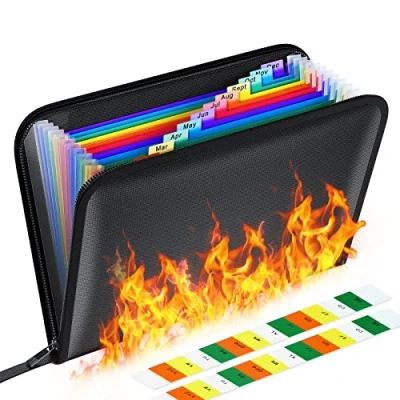 Immagine di Borsa Resistente al Fuoco,BluePower Impermeabile con Cerniera Fuoco/Cartella Portadocumenti/Separatori Raccoglitore,A4 Cartelle Porta Document/13 Archivio Tasche Scatole Cartelline