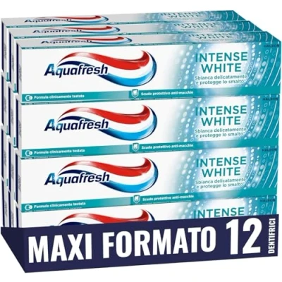 Immagine di Aquafresh Intense White, Dentifricio con Effetto Sbiancante, per Gengive Sane, Denti Forti e Alito Fresco, Pacco da 12x75 ml