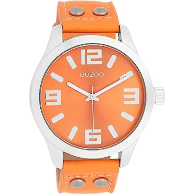 Immagine di Oozoo Timepieces orologio da polso donna con cinturino in pelle di alta qualità elegante analogico rotondo, Argento colorato/arancione fluo, cinghia