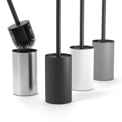 Immagine di SAVEGA Scopino per WC in silicone acciaio inox igienico con moderno portaspazzolino di design paraspruzzi nero
