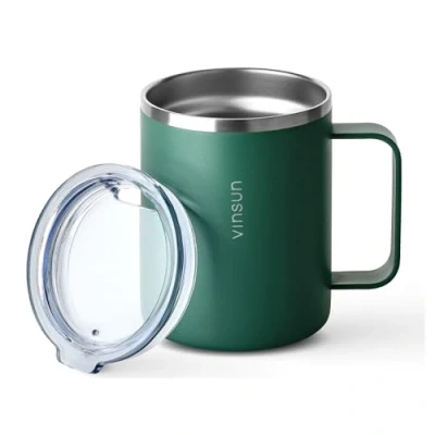 Immagine di VINSUN Tazza Termica con Manico 350ml Acciaio Inox, Coperchio Trasparente, Doppia Parete, Senza BPA da Viaggio Nero per Ufficio, Scuola, Campeggio, Auto