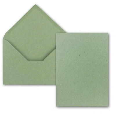Immagine di Set di 50 biglietti singoli in carta kraft con buste DIN A6/C6, 14,8 x 10,5 cm, senza pieghe, colore: verde
