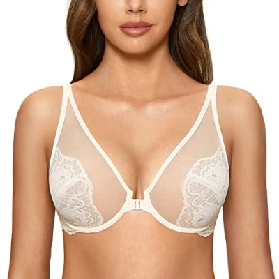 Immagine di DOBREVA Donna Reggiseno Apertura Frontale Pizzo Taglie Forti con Ferretto Senza Imbottitura Avorio 3C