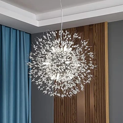 Immagine di EFPD lampadario di cristallo, dente leone, moderno a 12 luci con fuoco d&#039;artificio, d&#039;argento per sala da pranzo, camera letto, soggiorno, della ragazza