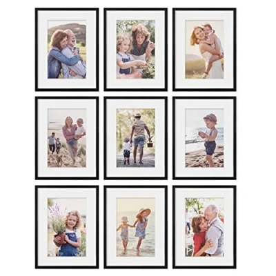 Immagine di PHOTOLINI Set di 9 cornici per poster 30x40 cm con passe partout 20x30 bianco legno MDF, plexiglass infrangibile, da parete, accessori inclusi foto, immagini e