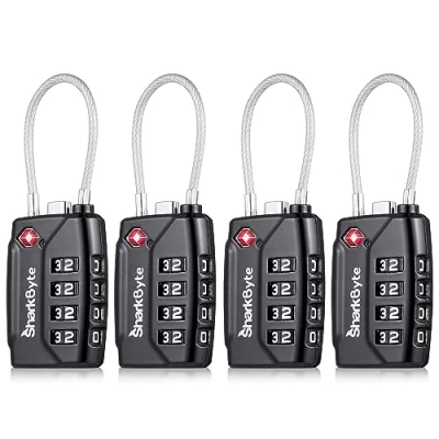 Immagine di SharkByte lucchetto per valigie approvato TSA, di sicurezza a combinazione 4 cifre, cavo flessibile da viaggio valigie, serrature bagagli, borse viaggio, armadietti