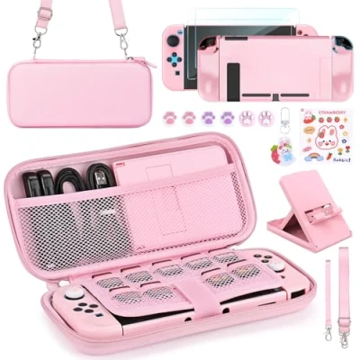 Immagine di Younik Pacchetto Accessori Switch, kit Rosa 17 in 1 per Ragazze Include Custodia Supporto Regolabile, Protettiva Console Switch e J Con (Rosa Brillante)