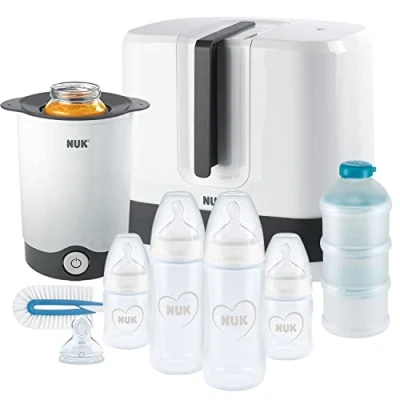 Immagine di NUK First Choice+ Set completo di alimentazione Sterilizzatore Vario Express, 4x biberons, 1x tettarella extra, scaldabiberonr e altro ancora cuore (neutro) 9 flaconi