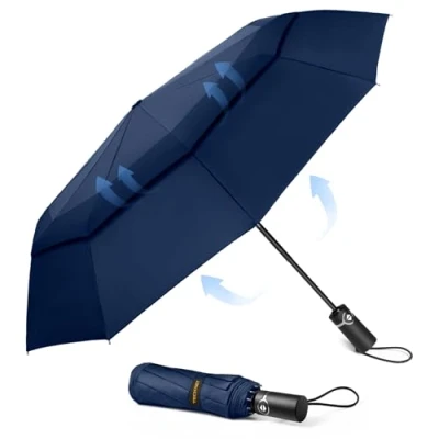 Immagine di TECKNET Ombrello Pieghevole Antivento, Grande Portatile Pioggia da 10 Ossa, Automatico Viaggio Umbrella Doppio Baldacchino Antivento Impermeabile per Uomo Donna, Diametro 104 cm, Blu