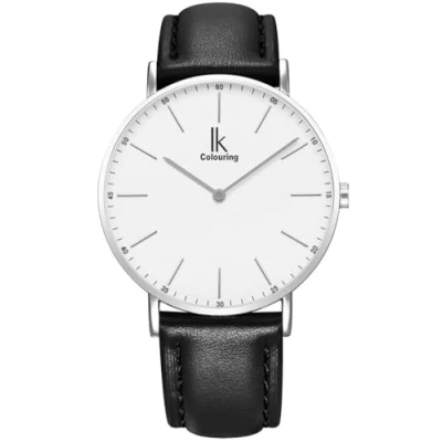 Immagine di Alienwork IK Orologio Uomo Donna Argento Bracciale in Cuoio Nero Ultra sottile